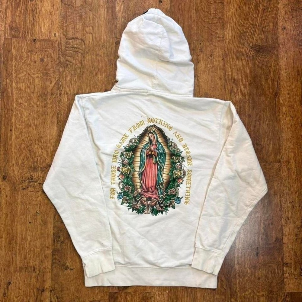 off white DGK Guadalupe pullover hoodie, cracked graphics with flaws